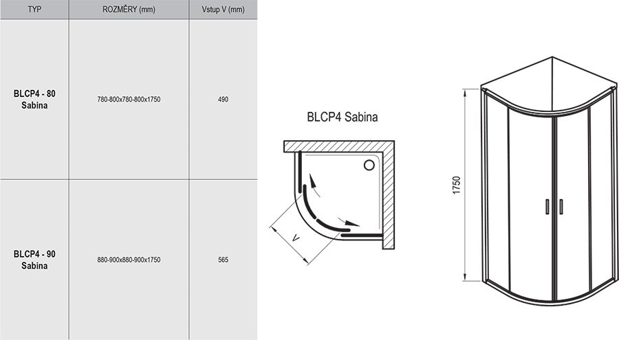 Verkleinerte Viertelkreisduschkabine Blix BLCP4 Sabina