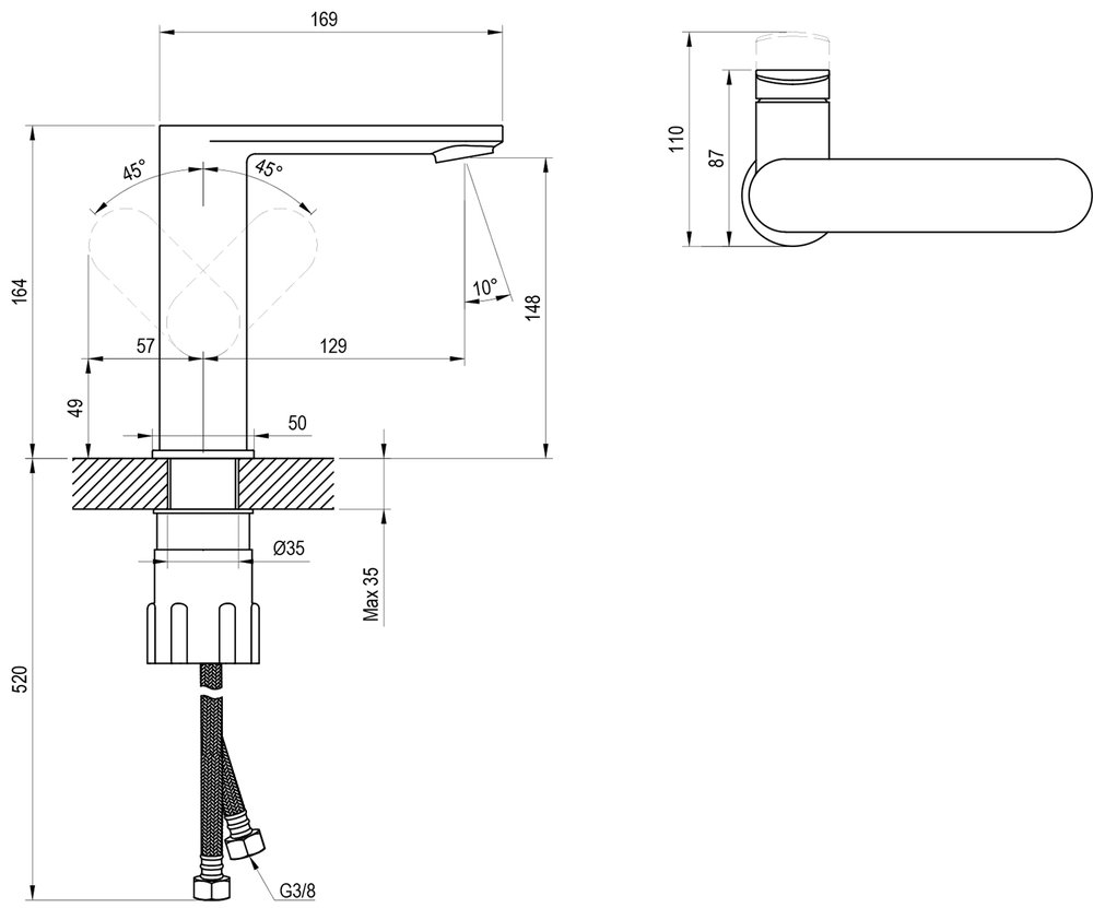 Einlocharmatur für Waschbecken Chrome II, mit seitlichem Hebel CR II 014.02