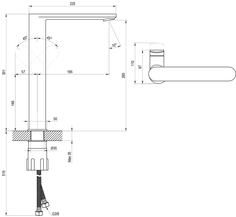 Einlocharmatur für Waschbecken Chrome II, mit seitlichem Hebel CR II 015.02