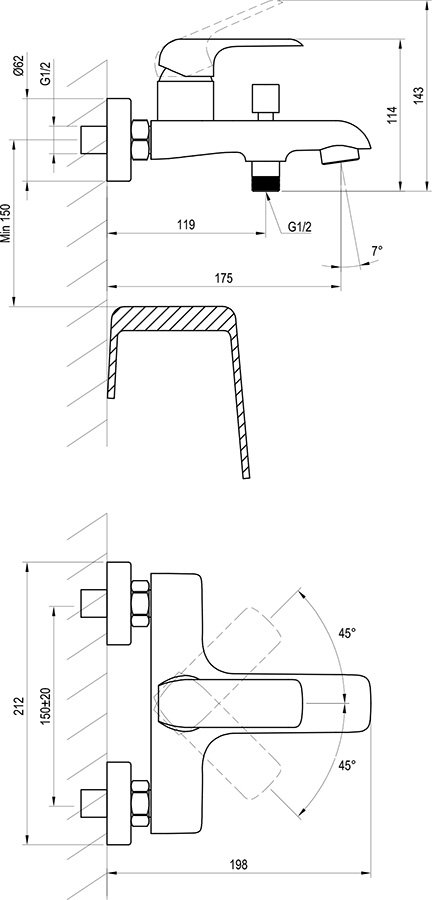 Flat Badewannenarmatur zur Wandmontage