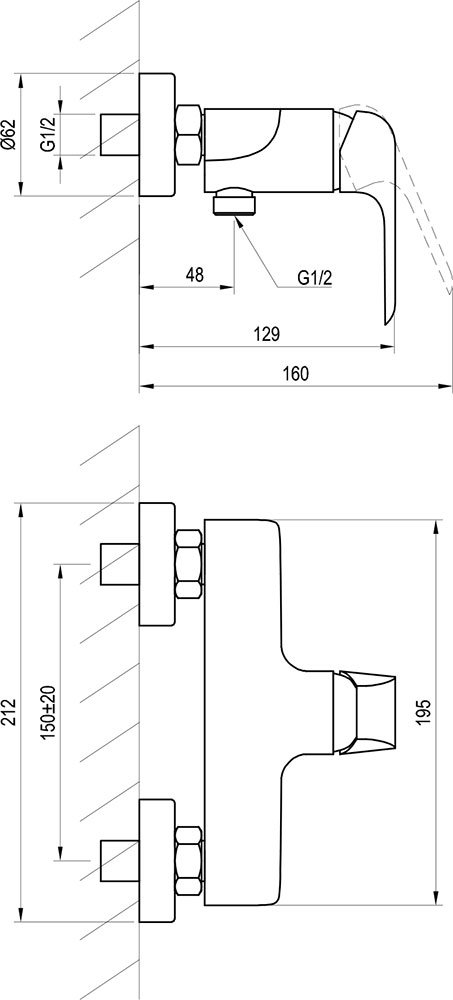 Flat black Duscharmatur zur Wandmontage