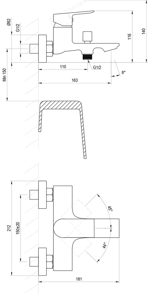 Plan Badewannenarmatur zur Wandmontage PN 022.00