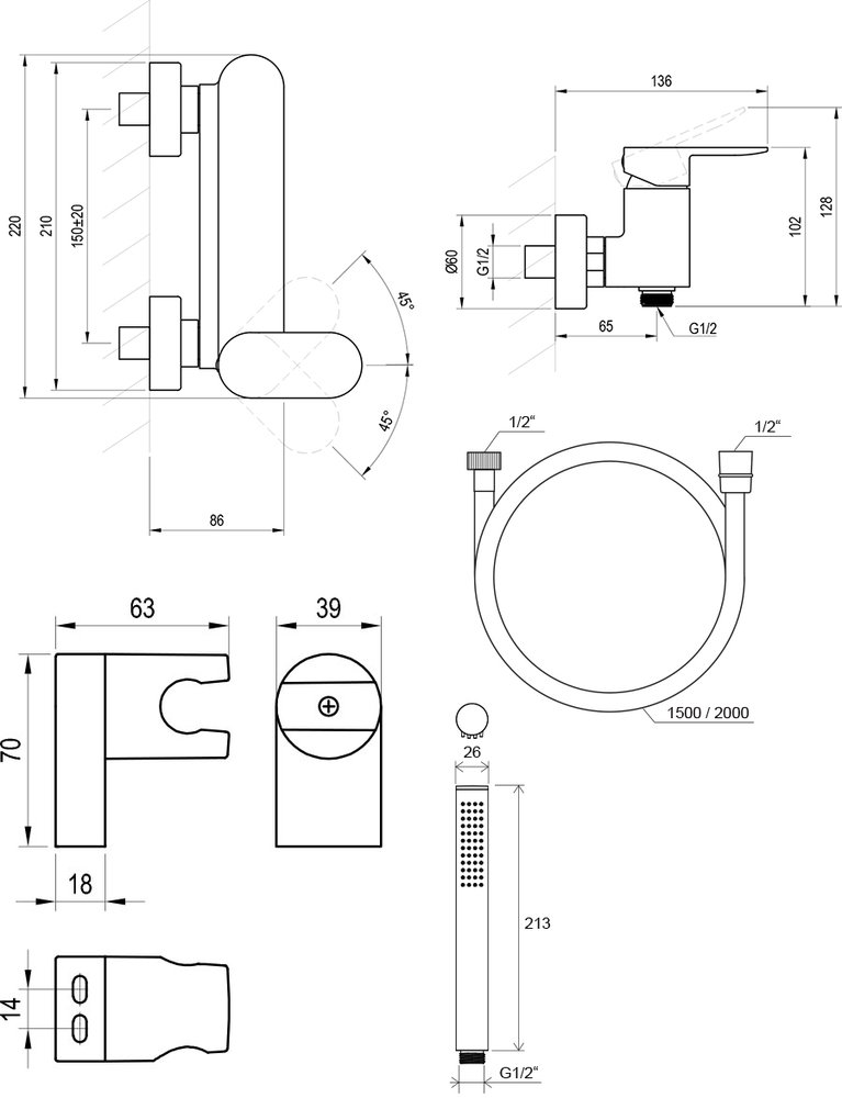 Dusch-Wandarmatur Chrome II CR 032 mit Duschset