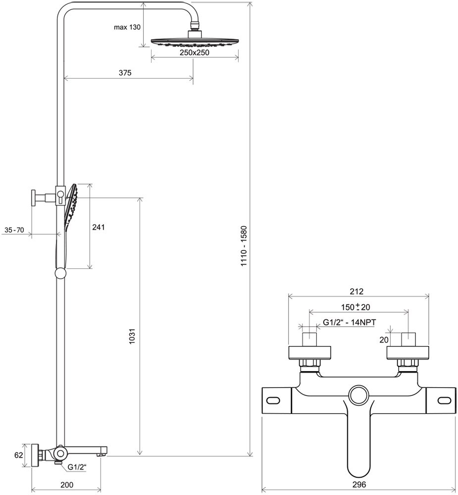 Duschsystem Brause Thermostatbatterie TE 092.00/150 / TE 092.01/150 Termo 300