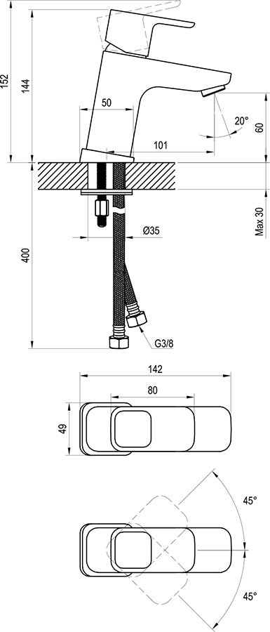 Einhand-Waschtischbatterie 10° ohne Ablaufgarnitur 145 mm