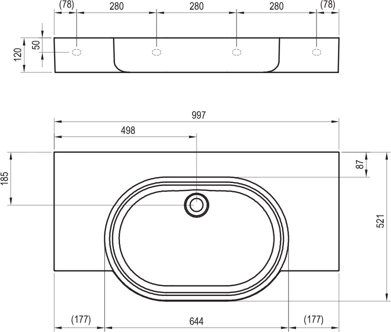 Waschbecken ARC 100/65 S, ohne Hahnloch