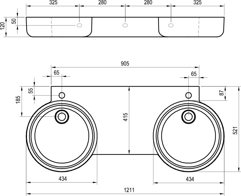 Doppelwaschbecken ARC 120, mit Hahnloch