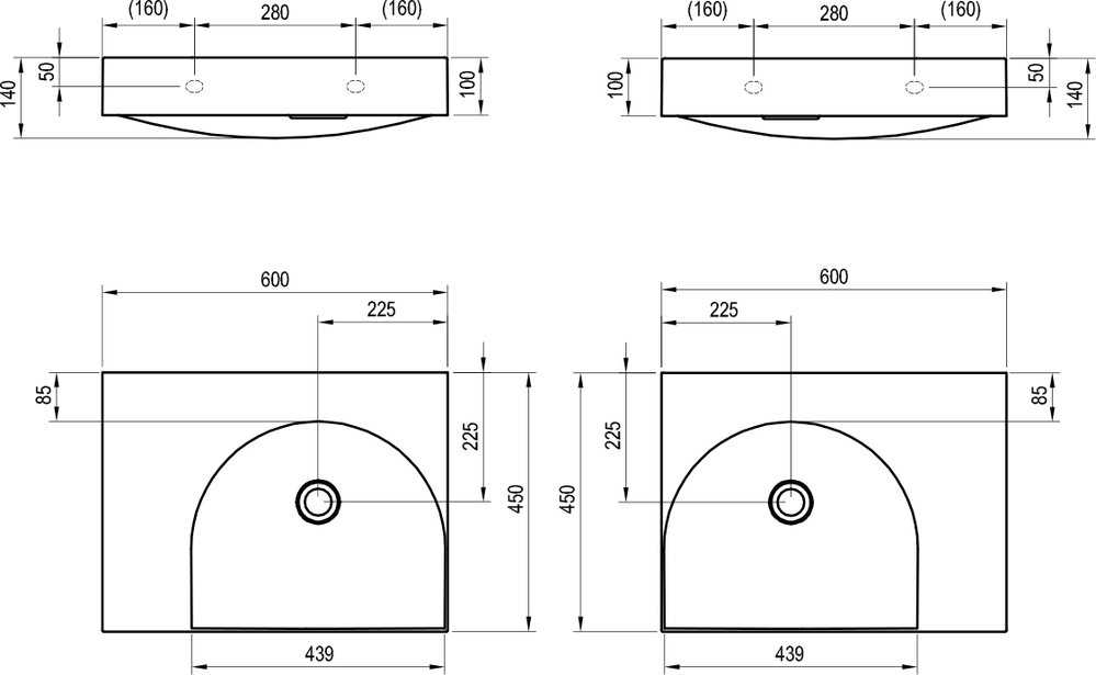 Waschbecken Lite 60/45 L/R, ohne Hahnloch