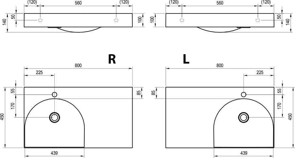 Waschbecken Lite 80/45 L/R, mit Hahnloch