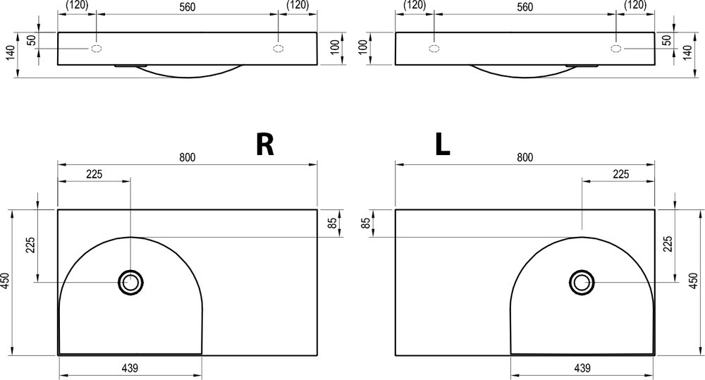 Waschbecken Lite 80/45 L/R, ohne Hahnloch